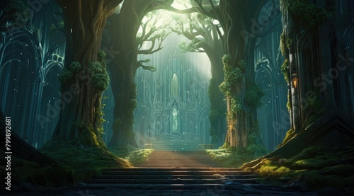 Mystical Enchanted Forest Temple in Sunlit Serenity