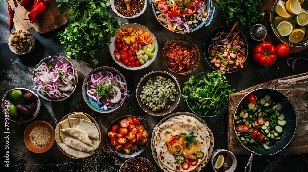 An overhead shot of a tempting array of shawarma ingredients neatly arranged on a table, ready to be assembled into a savory wrap. Ai generated