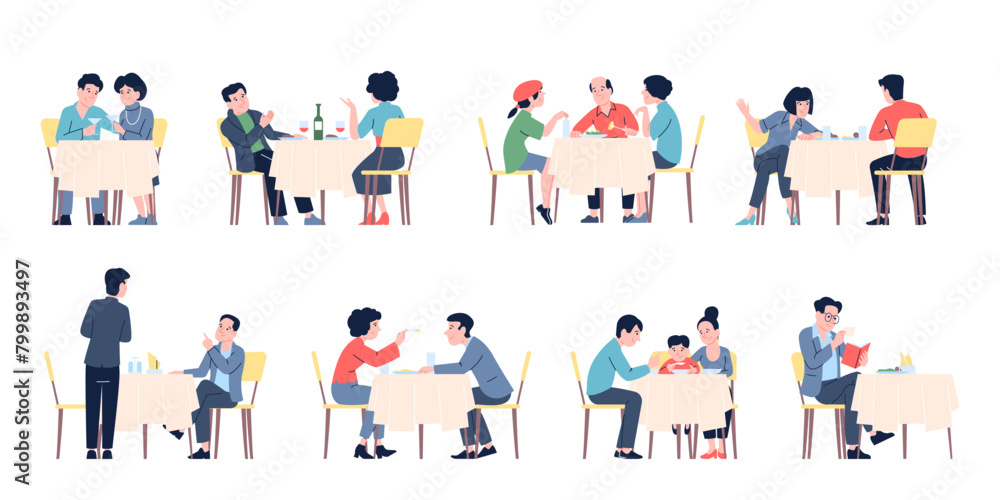 Cafe visitors. Waiter takes order, family dinner with child. Man and woman eating and drinking on meeting in restaurant, recent vector scenes