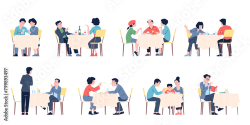Cafe visitors. Waiter takes order, family dinner with child. Man and woman eating and drinking on meeting in restaurant, recent vector scenes © LadadikArt