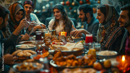 At a festive gathering, friends gather around a table adorned with a mouthwatering shawarma platter, eagerly anticipating their next bite. Ai generated photo
