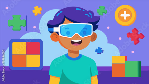 A virtual reality game designed to help children with autism practice recognizing and interpreting facial expressions.. Vector illustration