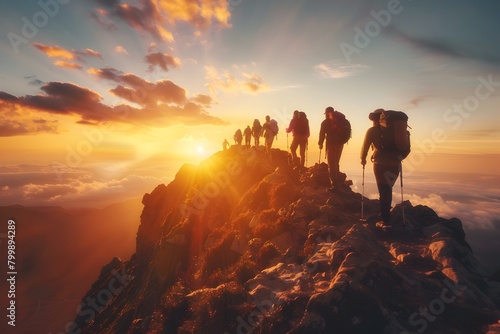 Pursuing Purposeful Careers:Silhouetted Hikers Climbing Towards a Stunning Sunset on the Mountaintop,Symbolizing the Journey of Finding Fulfillment © TEERAWAT