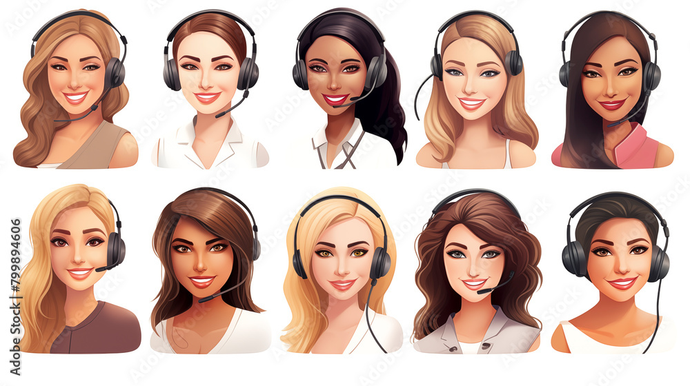 Set of call center women isolated on white background, illustration Set of call center women isolated on white background, illustration
