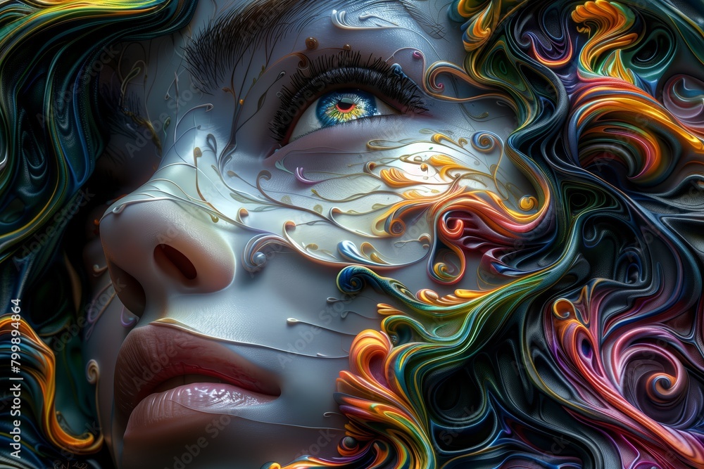 A beautiful woman's face is covered in colorful paint swirls.