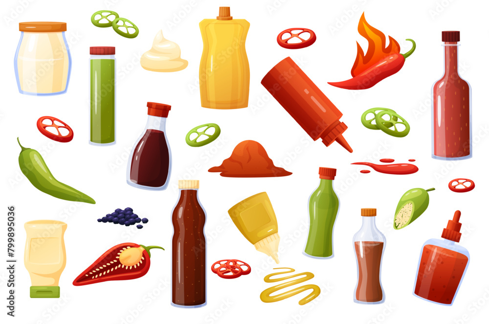 Sauces elements. Spicy sauce, hot chilli, soy and wasabi. Peppers slices and powder, mustard drops. Different bottles and spices, nowaday vector clipart