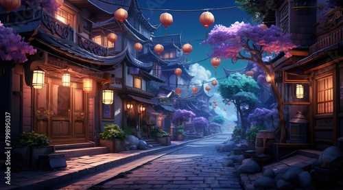 Spectral Lantern Alley, Enchanted Asian Street at Twilight