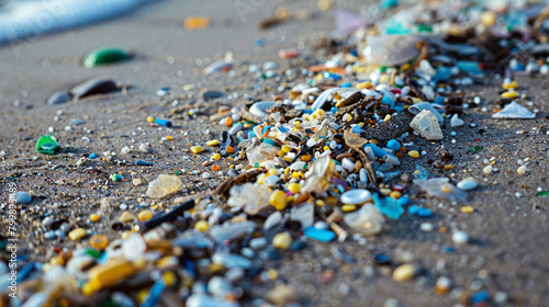 Close-up of beach sand revealing microplastics, focusing on marine pollution