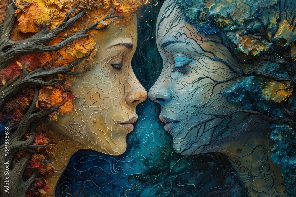 Two ethereal women face each other, one made of autumn leaves, the other of water and ice.