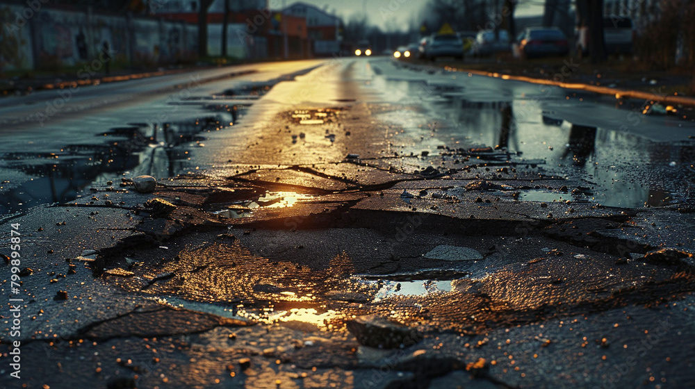Damaged city road with evening potholes, urban infrastructure concept Damaged city road with evening potholes, urban infrastructure concept