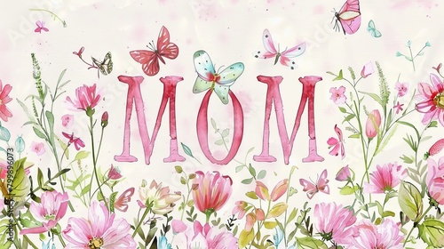 Pink "MOM" Text Decorated with Wildflowers and Butterflies, Watercolor Style