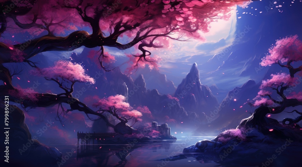 Obraz premium Enchanted Moonlit Cherry Blossoms