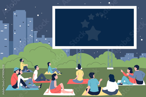 Cinema open air. Young single people and couples sitting on plaids and waiting film on giant screen in city park. Night entertainment, recent vector scene