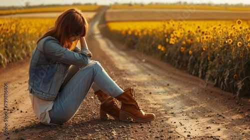 Smutna dziewczyna siedząca blisko pola z rzepakiem photo