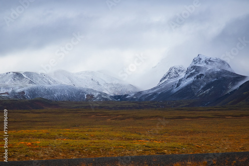 Snowy mountains seen from Gjabakkavegur road in Iceland