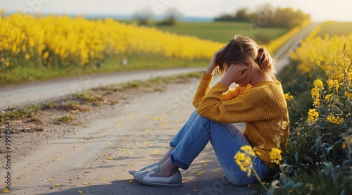Smutna dziewczyna siedząca blisko pola z rzepakiem photo
