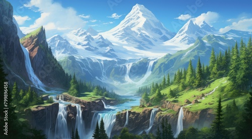 Majestic Mountain Peaks and Waterfall