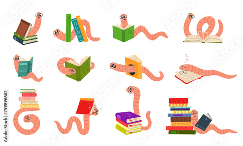 Funny bookworms. Cute worms and book stacks. Cartoon worm reading, sleeping and looks out books and pads. Education classy vector mascots set