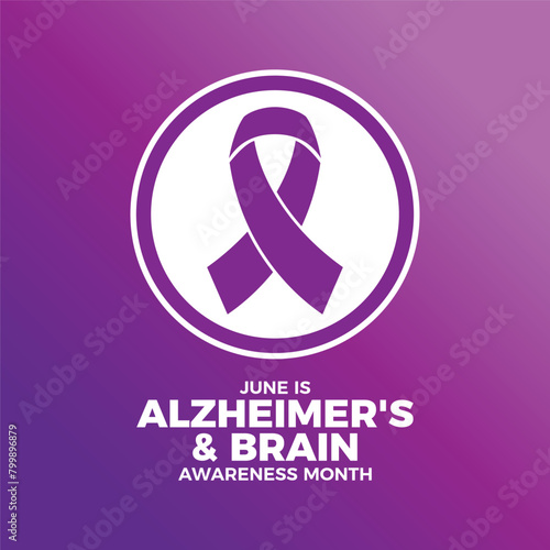 June is Alzheimer's & Brain Awareness Month poster vector illustration. Purple awareness ribbon icon in a circle. Template for background, banner, card. Important day