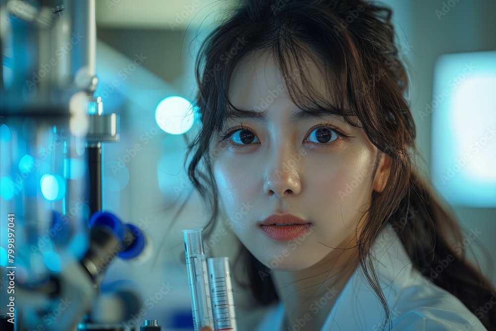asian scientist researcher woman, working in indoor lab posing on camera, blue aseptic cinematic background colors asian scientist researcher woman, working in indoor lab posing on camera, blue aseptic cinematic background colors