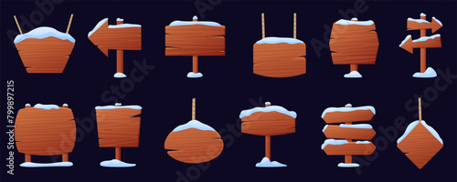 Winter wooden banners. Wood snowy singboards with snow caps and icicles. Cartoon direction signs, empty billboards. Christmas nowaday vector elements