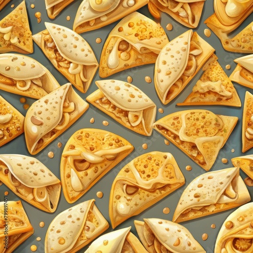 Seamless pattern of cheesy quesadillas oozing with melted cheese and filling, Generative AI