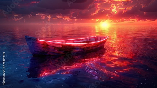 Beautiful sunset over calm lake and a boat with scenery photo