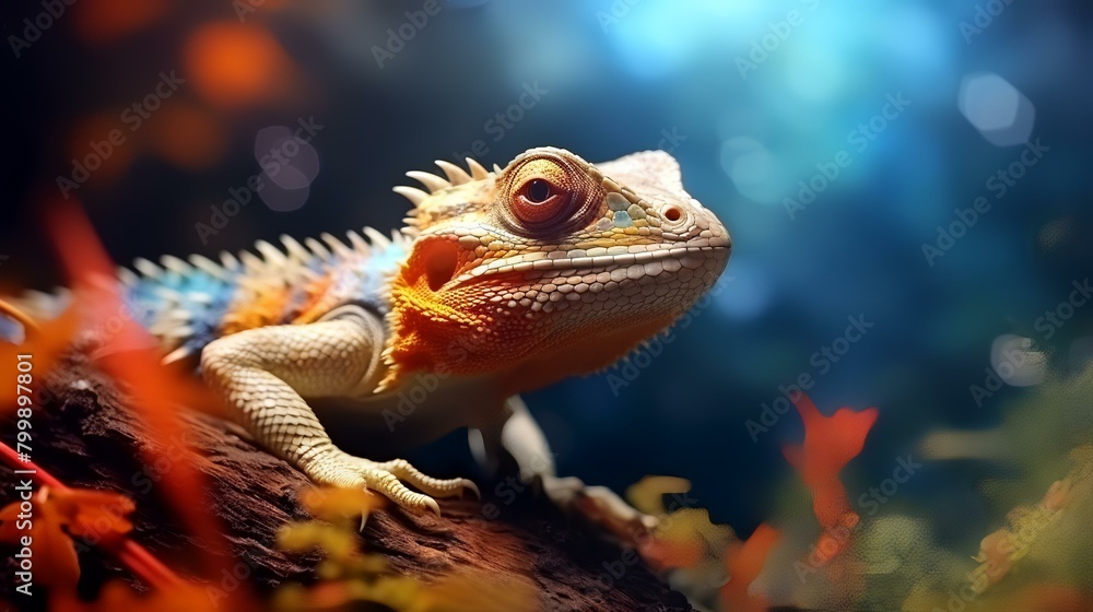 chameleon on the background of an aquarium with colored fish. chameleon on the background of an aquarium with colored fish.