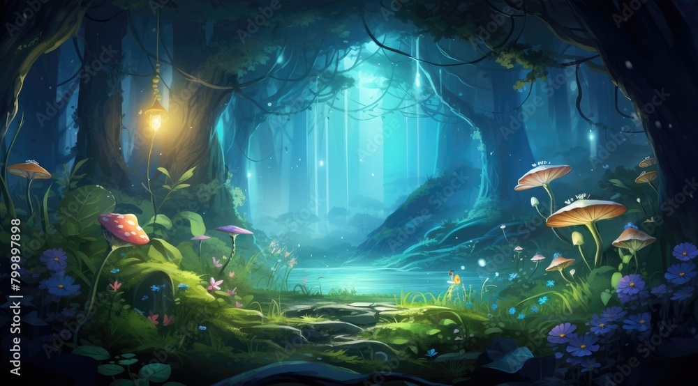 Fototapeta premium Glowing Firefly Glade. Enchanted Forest Clearing at Twilight