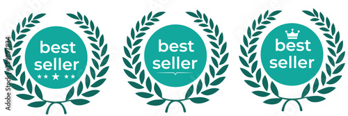 Set of badge best seller, best choice, best price, best quality. Gold logo design with wreath laurel. Vector illustration eps 10
