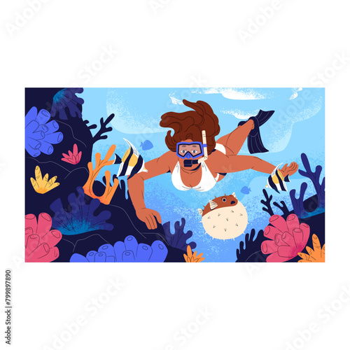 Freediving, scuba. Girl in bikini diving to colourful coral reef with fins. Swimmer watching ocean wildlife, tropical fishes. Diver swimming underwater with mask and snorkel. Flat vector illustration