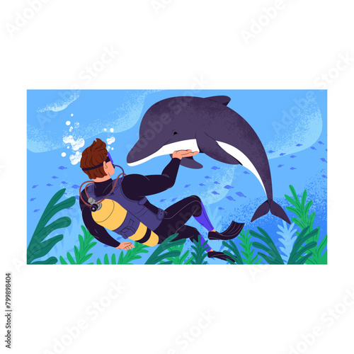 Swimmer diving to ocean wildlife, touches, communicates with cute wild dolphin. Scuba diver swimming underwater with aqualung, fins. Person freediving with exotic sea fauna. Flat vector illustration