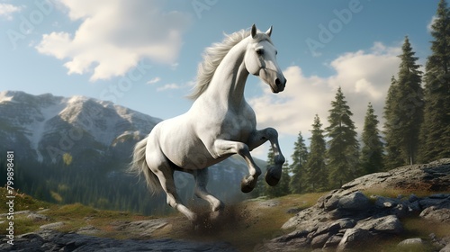 White horse gallops in the mountains. 3d render illustration.
