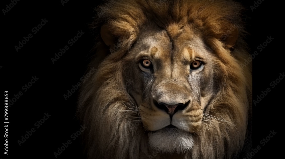 Portrait of a male lion on a black background. Animal portrait.
