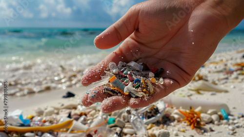 hand with microplastics on a beach