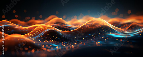 Abstract futuristic background waveforms and particles for tech with vibrant orange and deep blues, create a lively digital seascape, ensuring sharp focus and no dust for highres output. photo