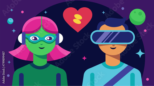 Two avatars one human and one alien bond over their shared love for scifi in a virtual reality gaming community.. Vector illustration