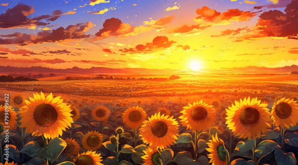 Sunset Glow over Sunflower Fields