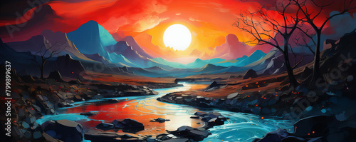 Generate a high definition, abstract landscape with crisp, glowing contours, free of grunge or dust, accentuated by a vibrant interplay of neon reds and blues.