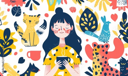 Cute girl with coffee  surrounded by animals in the style of Matisse s colors and shapes