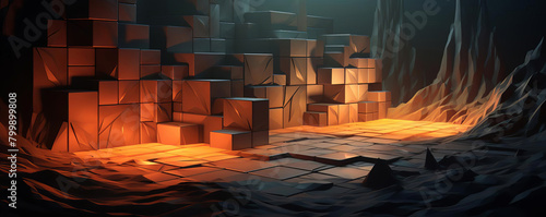 Abstract futuristic background isometric landscape of illuminated boxes casting dynamic shadows for tech. Reflections, with each surface finely textured and clear, without any imperfections. photo