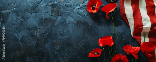 American Flag with Poppies Symbolizing Bravery and Memorial Day