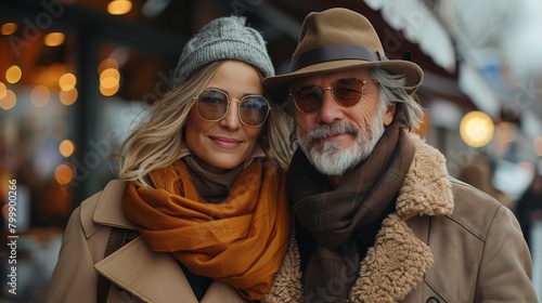 A fashionable senior couple walking hand in hand, showcasing their chic and timeless style on the bustling streets of the city.