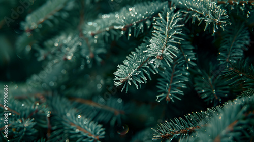Macro image of a Christmas tree's pine needles, showcasing the glistening frost and tiny ornaments nestled within. Ai generated