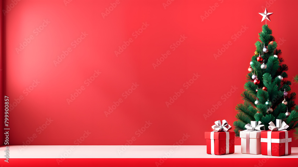 A red wall with a Christmas tree and two red boxes on it