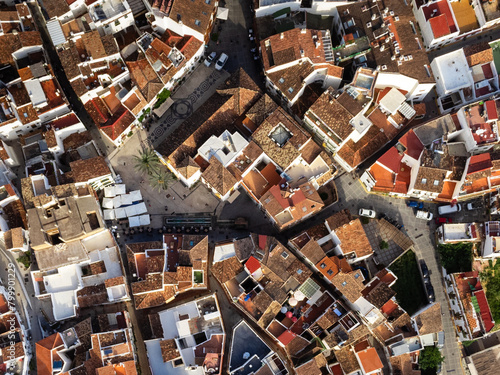 Overhead view of the curved streets and rooftops in Ojen, revealing the intricate layout of this Andalusian town