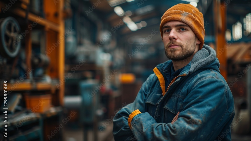 male worker stands in a workshop against an industrial background. male worker stands in a workshop against an industrial background.