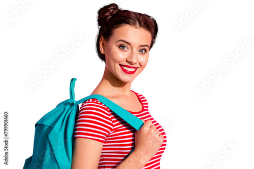 Close-up portrait of her she nice-looking cute charming attractive glamorous cheerful teen girl wearing striped t-shirt blue bag bachelor master degree isolated over pink pastel background photo