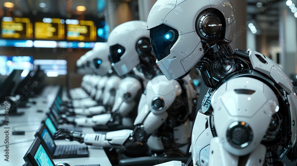 An army of robots working in a futuristic setting An army of robots working in a futuristic setting