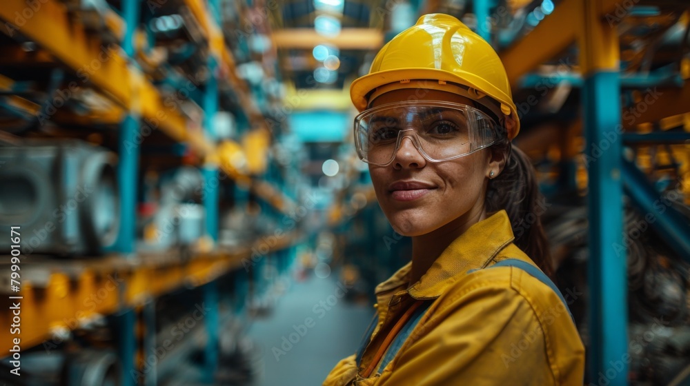 A female worker stands in a workshop against an industrial background. A female worker stands in a workshop against an industrial background.